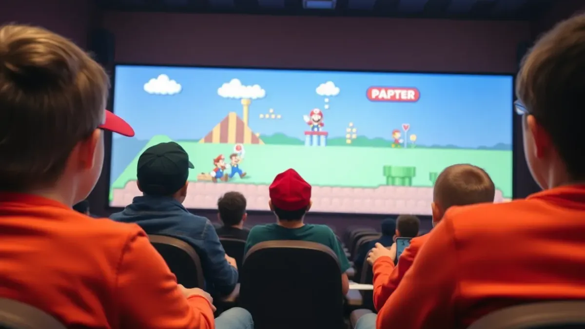 Des adolescents jouent la finale d'un tournoi Super Mario au cinéma en Bretagne